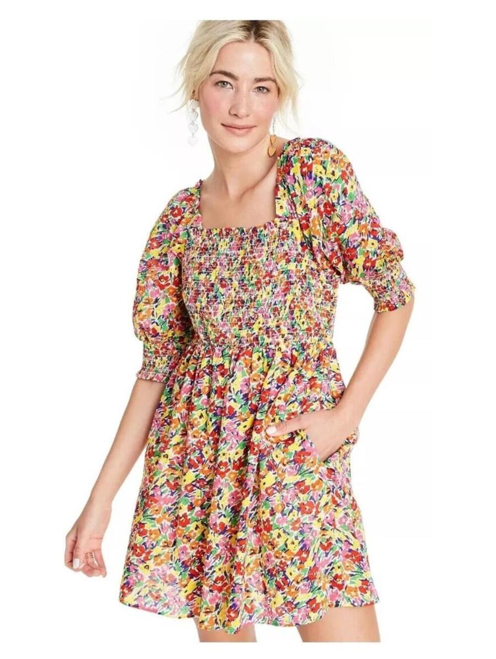 RIXO for Target Rainbow Floral Puff Sleeve Smocked Bodice Dress Size M